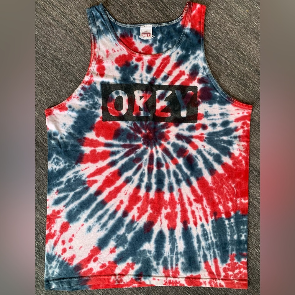 VTG Obey Spiral Tie Dye Red White Blue Tank Top M